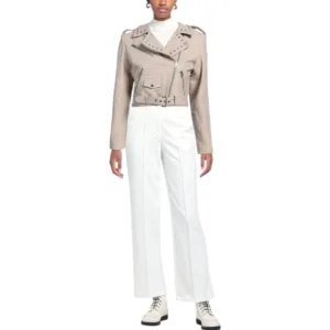 Womens Beige Studded Leather Biker Jacket Front View