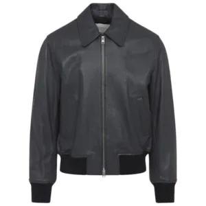 Black Lambskin Leather Bomber Jacket Front View