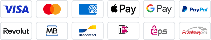 We accept Visa, Mastercard, American Express, Apple Pay, Google Pay, PayPal, Revolut Pay, Multibanco, Bancontact, iDEAL, EPS, Przelewy24