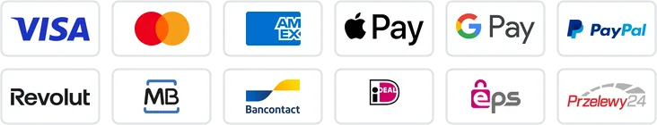 We accept Visa, Mastercard, American Express, Apple Pay, Google Pay, PayPal, Revolut Pay, Multibanco, Bancontact, iDEAL, EPS, Przelewy24