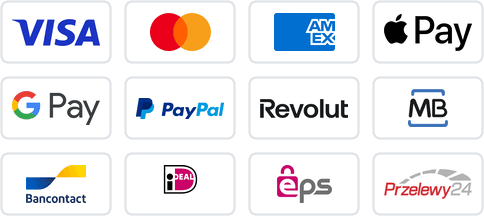 We accept Visa, Mastercard, American Express, Apple Pay, Google Pay, PayPal, Revolut Pay, Multibanco, Bancontact, iDEAL, EPS, Przelewy24