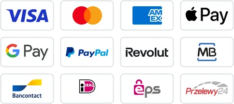 We accept Visa, Mastercard, American Express, Apple Pay, Google Pay, PayPal, Revolut Pay, Multibanco, Bancontact, iDEAL, EPS, Przelewy24