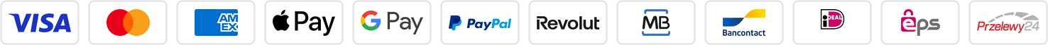 We accept Visa, Mastercard, American Express, Apple Pay, Google Pay, PayPal, Revolut Pay, Multibanco, Bancontact, iDEAL, EPS, Przelewy24
