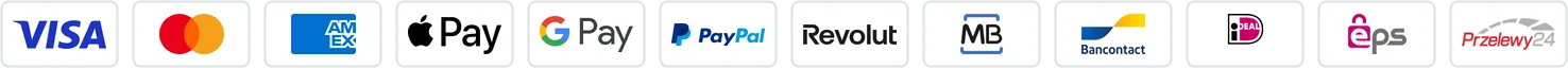 We accept Visa, Mastercard, American Express, Apple Pay, Google Pay, PayPal, Revolut Pay, Multibanco, Bancontact, iDEAL, EPS, Przelewy24
